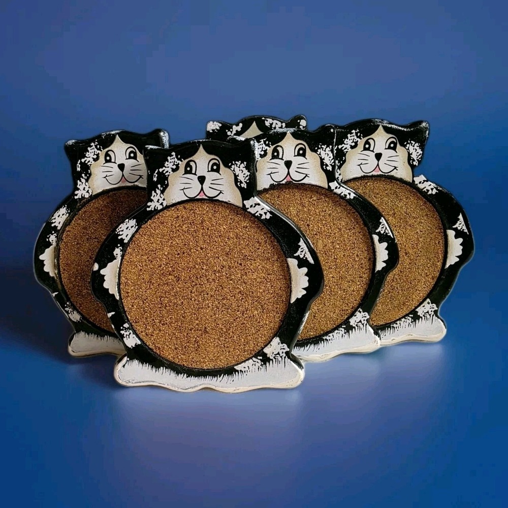 Cat Wood Coasters W/ Holder Tray Set Of 4 Large Cat